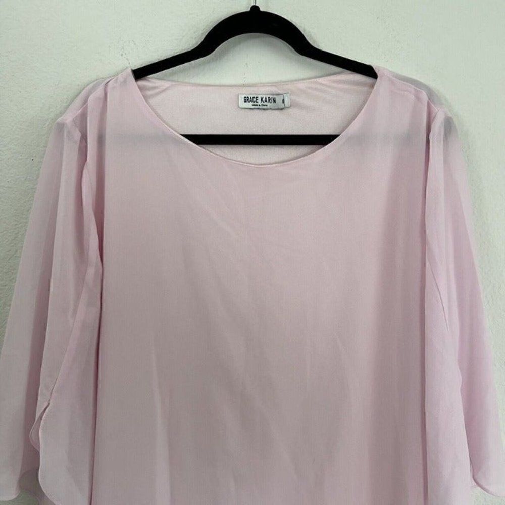 Grace Karin Womens Plus Size XXL Baby Pink Blouse Top Wide Split Flare Sleeves - Picture 8 of 9